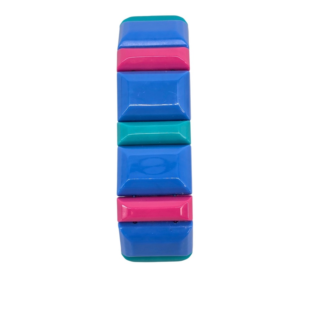 Vintage Avon Lucite Stretch Bracelet Blue Pink Teal Colorblock Chunky Retro